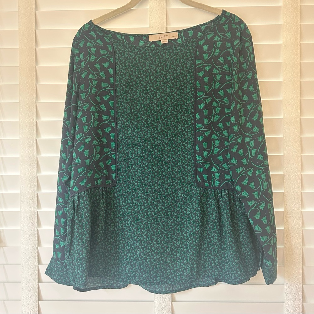 LOFT Top Navy Blue Green Floral Long Sleeves Small Petite